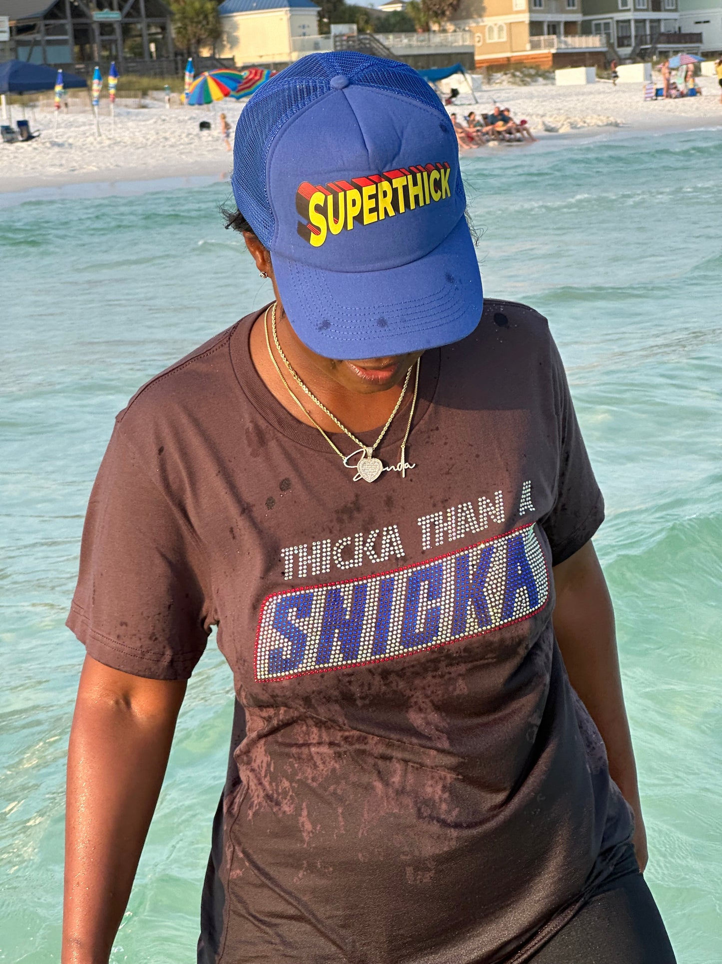 THICKA THAN A SNICKA TEE (Genuine Swarovski Crystal) - Dark Brown oversized